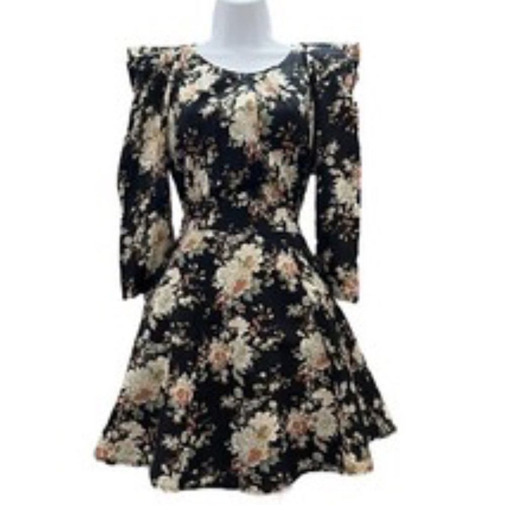 Ark & Co Black Floral Mini Fit Flare Triangle Puff 3/4 Sleeve Dress M
